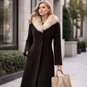 Andrea Prem New York Black Wool Coat Genuine Fox Fur Collar Sz 16 Vintage Luxury